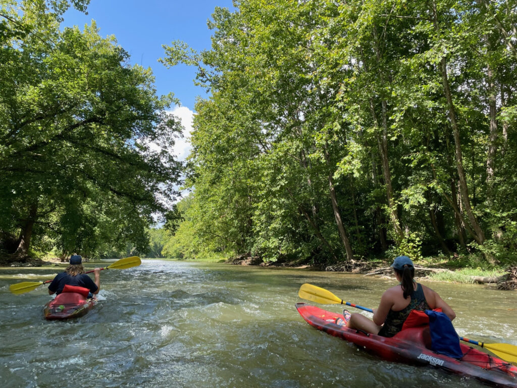 Two kayakers on the Clinch River in the summer